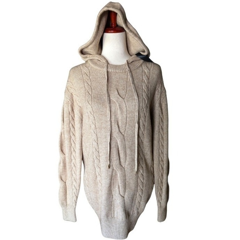 SER.O.YA Women Oatmeal Beige Cable Knit Hooded Sweater Mini Dress XXS New - Picture 3 of 10